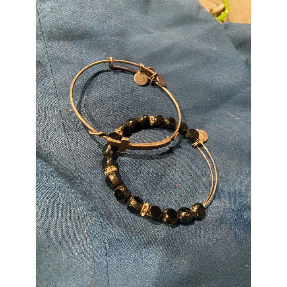 Alex and Ani Lot of 2 Black Beaded and Cross Expandable Bangle Bracelets Silver